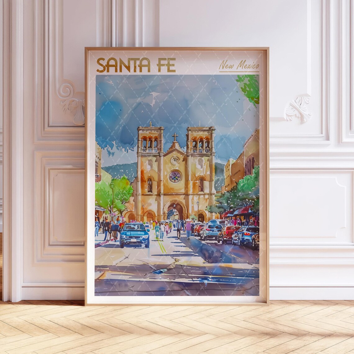 Santa Fe New Mexico Cathedral Watercolor Travel Souvenir Poster