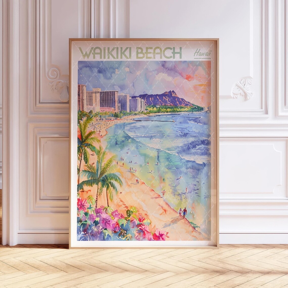 Waikiki Beach Watercolor Travel Poster, Hawaii USA