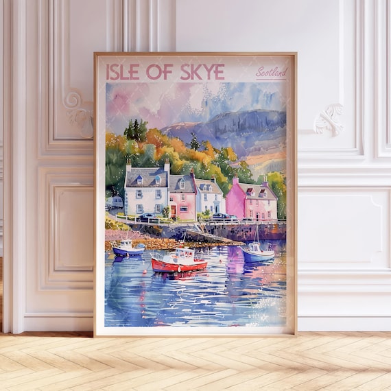 Isle Of Skye Scotland Watercolor Harbor Boats Colorful Houses Travel Poster