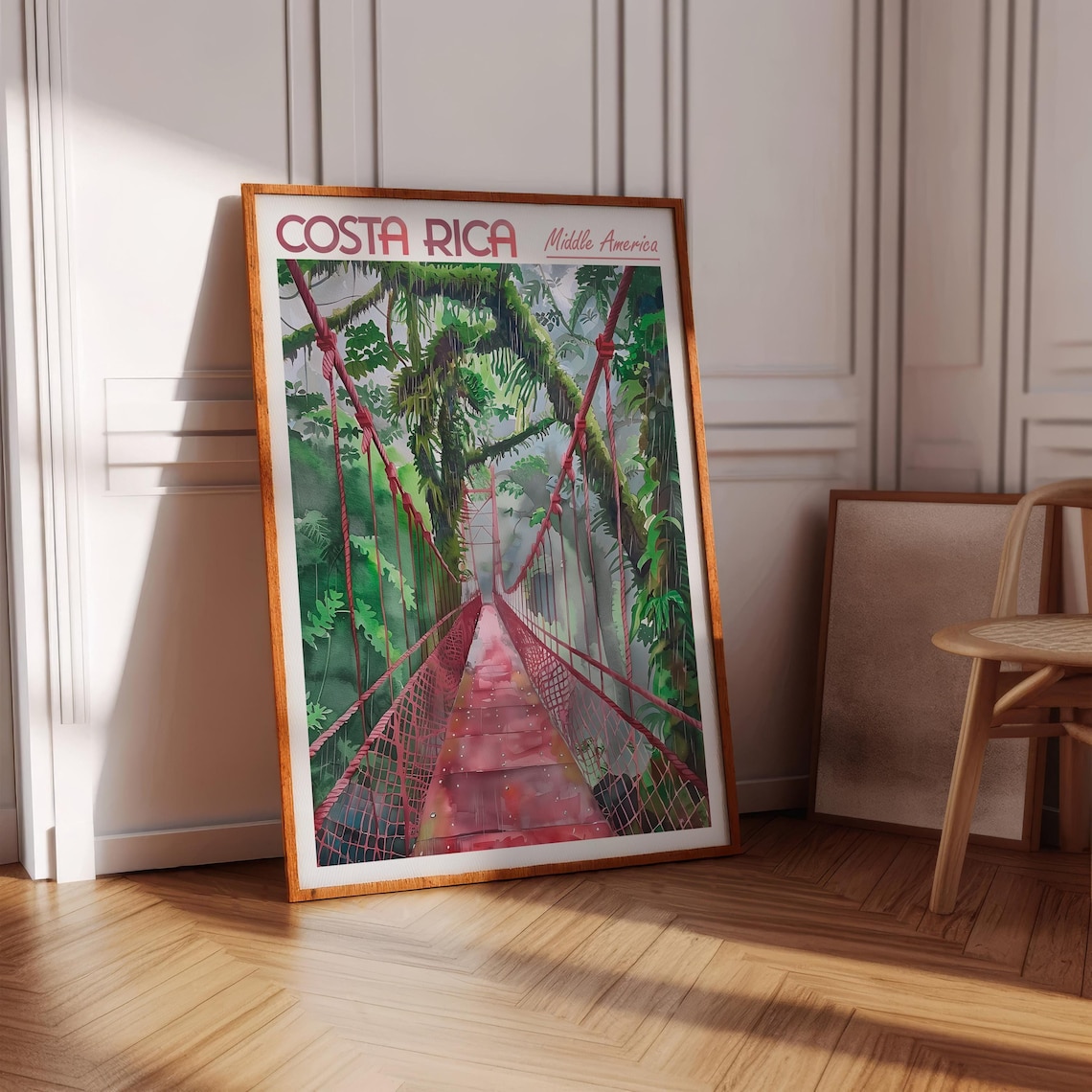Costa Rica Canopy Hanging Bridge Rainforest Watercolor Travel Poster