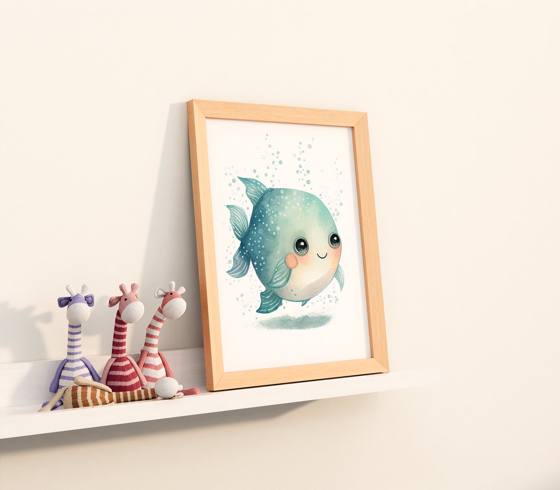 Watercolor Nursery Kawaii Fish Cute Nursery Animal Art Baby Animal Nursery Painting Art For Babies Gifts For Newborns - Image 3
