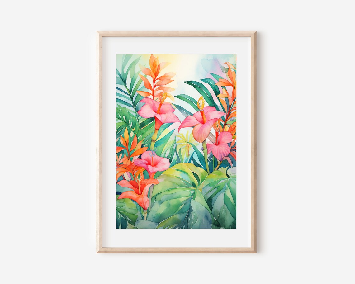 Tropical Blossoms Watercolor Art Print, Hawaiian Floral
