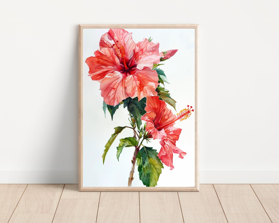 Red Hibiscus Flower Branch Watercolor Botanical Tropical Wall Poster