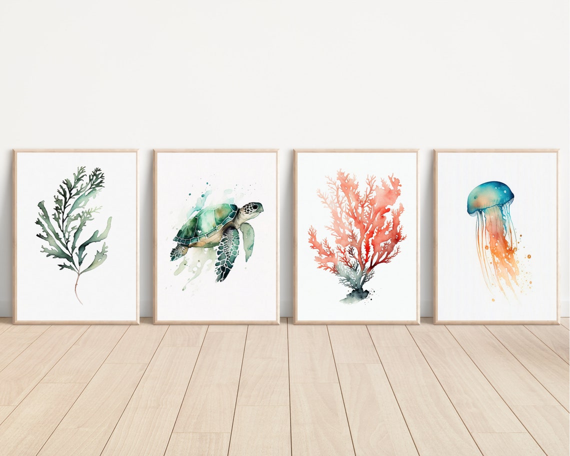 Jellyfish Watercolor Teal Orange Minimalist Ocean Animal Wall Poster - Image 3