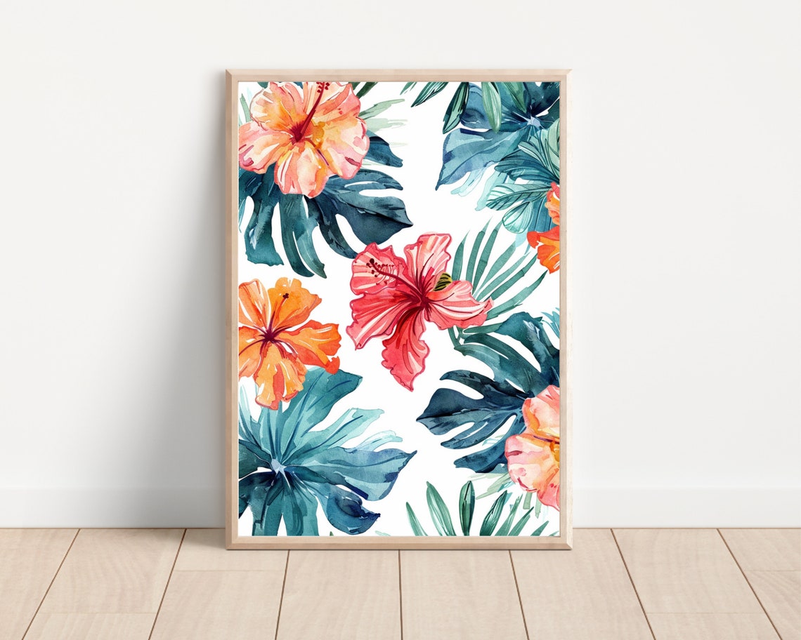 Hawaiian Hibiscus Tropical Flower Pattern Watercolor Wall Art Poster - Image 2