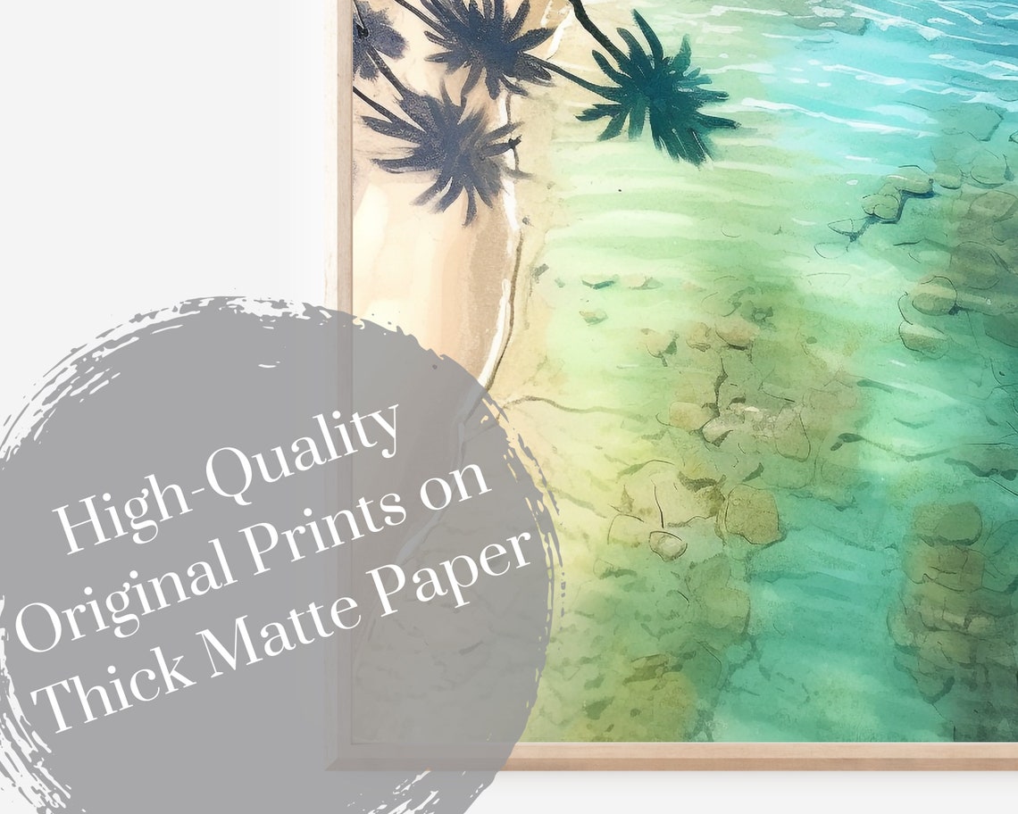 Aerial Tropical Lagoon Watercolor Palm Shadows Beach Wall Art Poster - Image 3