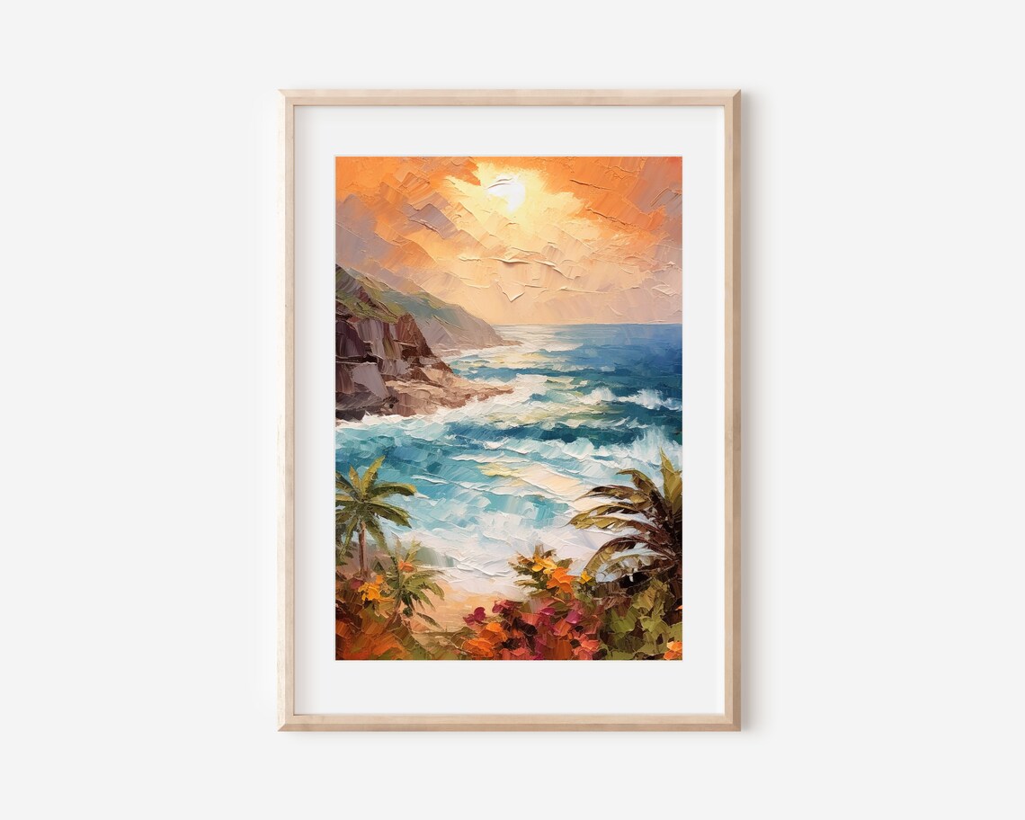 Beach Sunset Oil Painting Art Print, Hawaii Island Decor