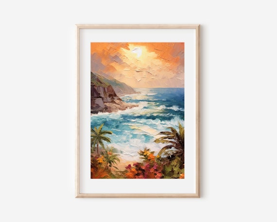 Beach Sunset Oil Painting Art Print, Hawaii Island Decor