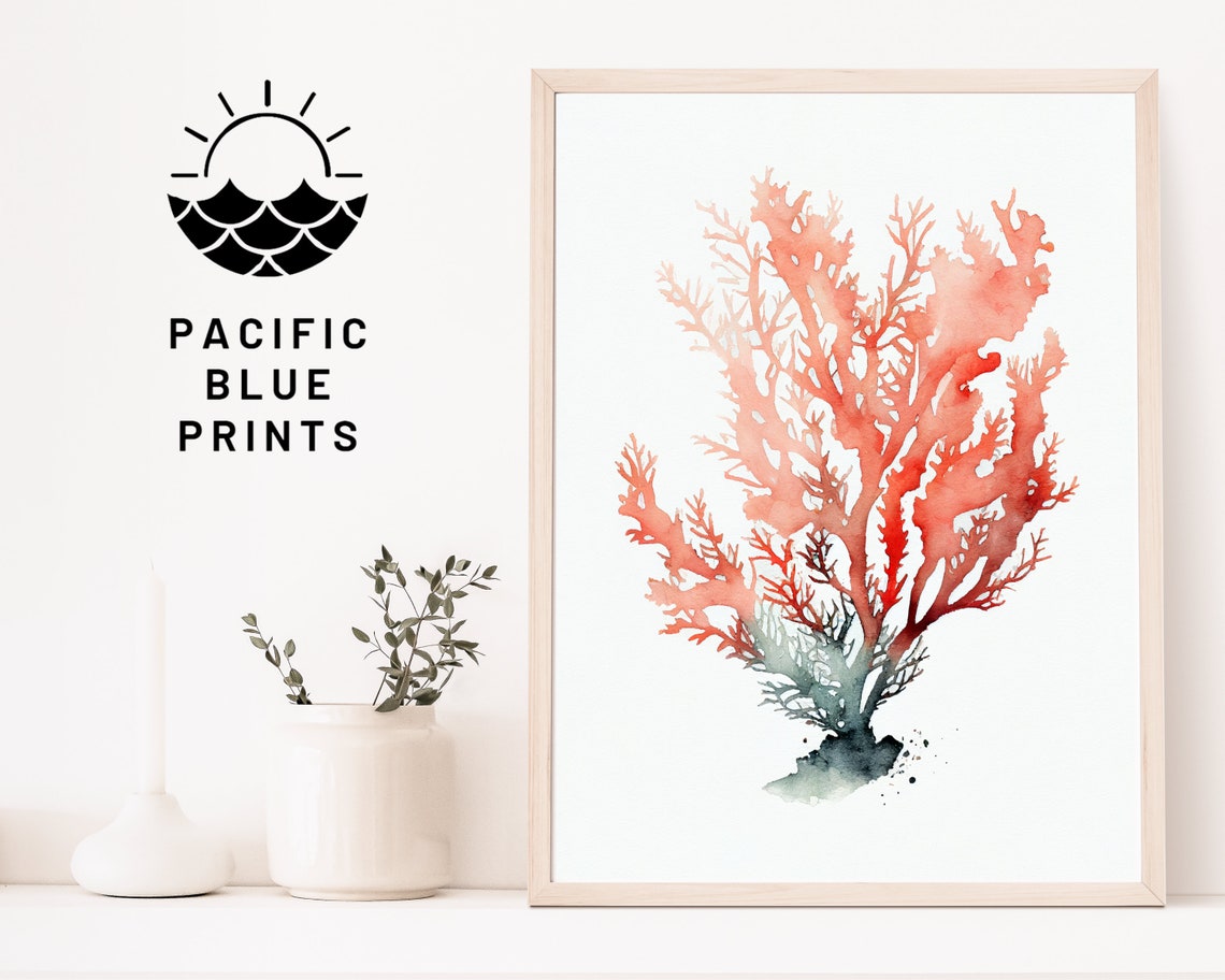 Red Coral Branch Watercolor Minimalist Coastal Nautical Wall Poster - Image 4