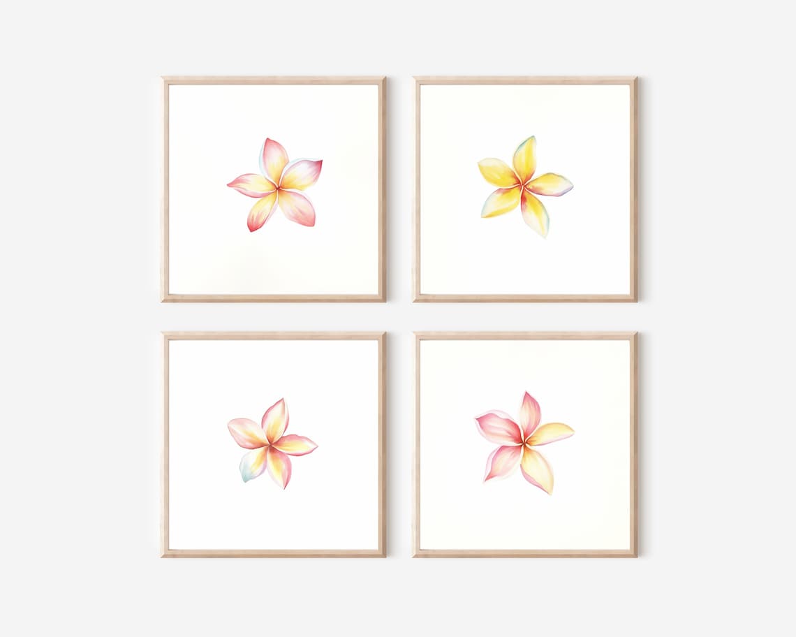 Pink and Yellow Plumeria Bloom Watercolor Tropical Wall Art Poster - Image 3
