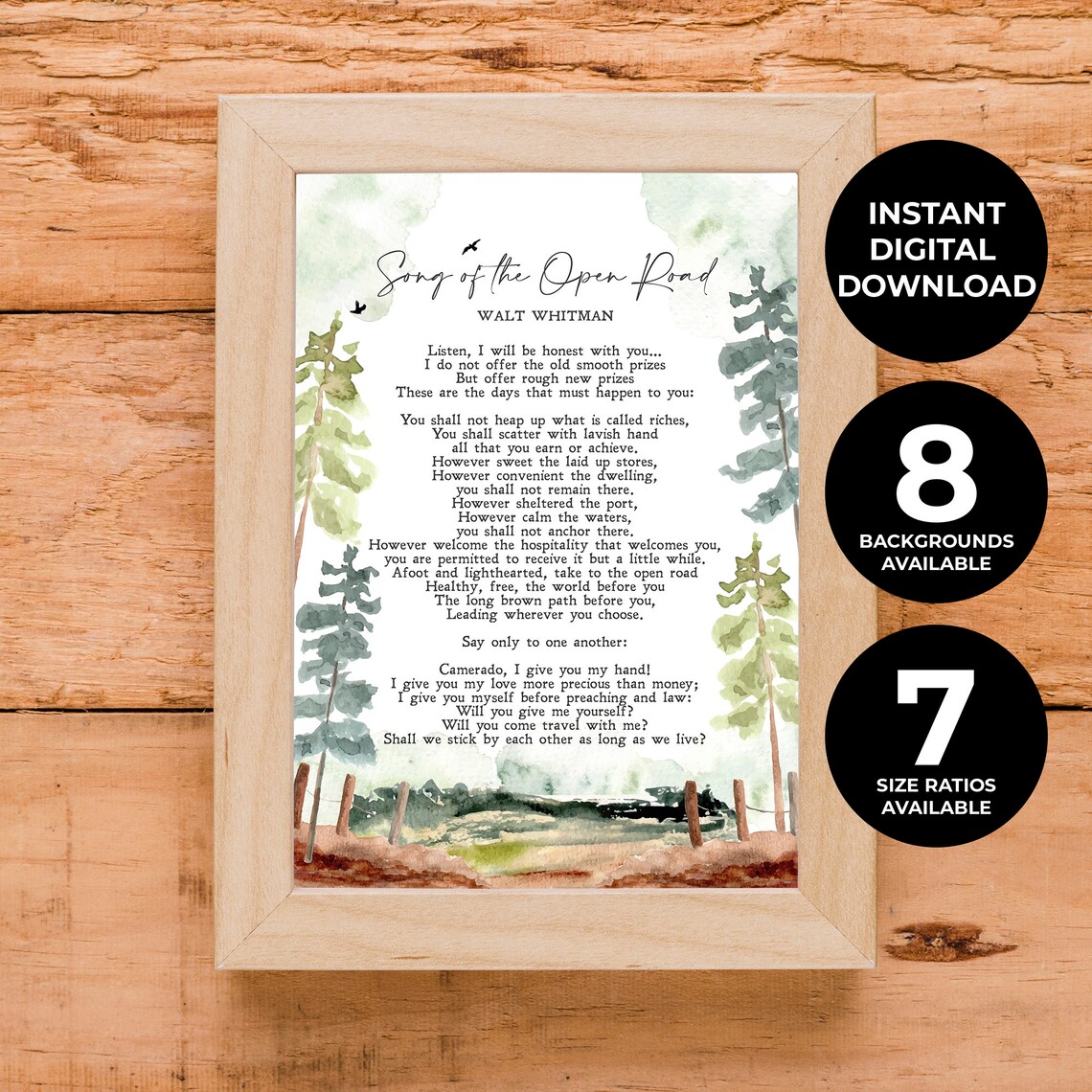 Song of the Open Road Walt Whitman Poem Watercolor Forest Wall Poster