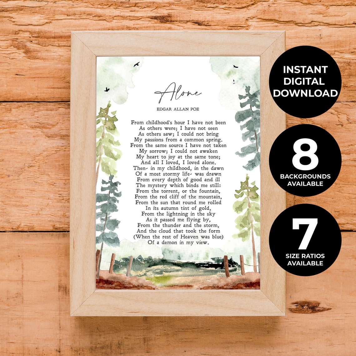 Edgar Allan Poe Alone Poem Watercolor Trees Minimalist Poster