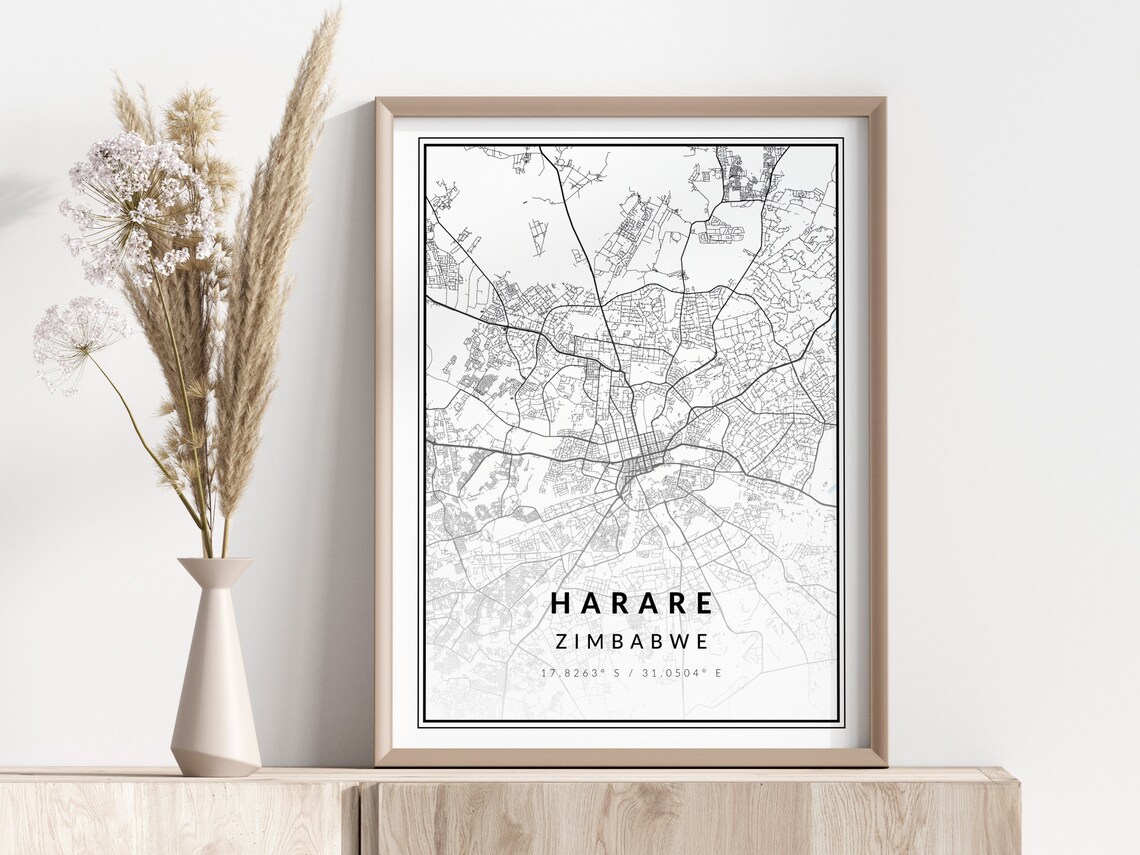 Harare Zimbabwe Minimalist Black White Street Map Art Decor Poster