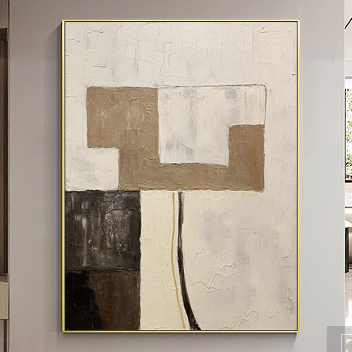 Large Creamy Beige White Abstract Geometric Oil Painting Modern Wabi Sabi Wall Art White And Gold Minimalist Wall Art Textured Painting