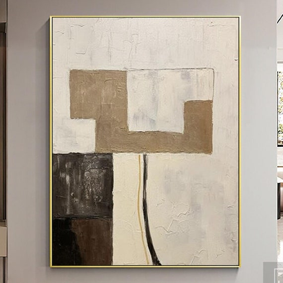 Large Creamy Beige White Abstract Geometric Oil Painting Modern Wabi Sabi Wall Art White And Gold Minimalist Wall Art Textured Painting