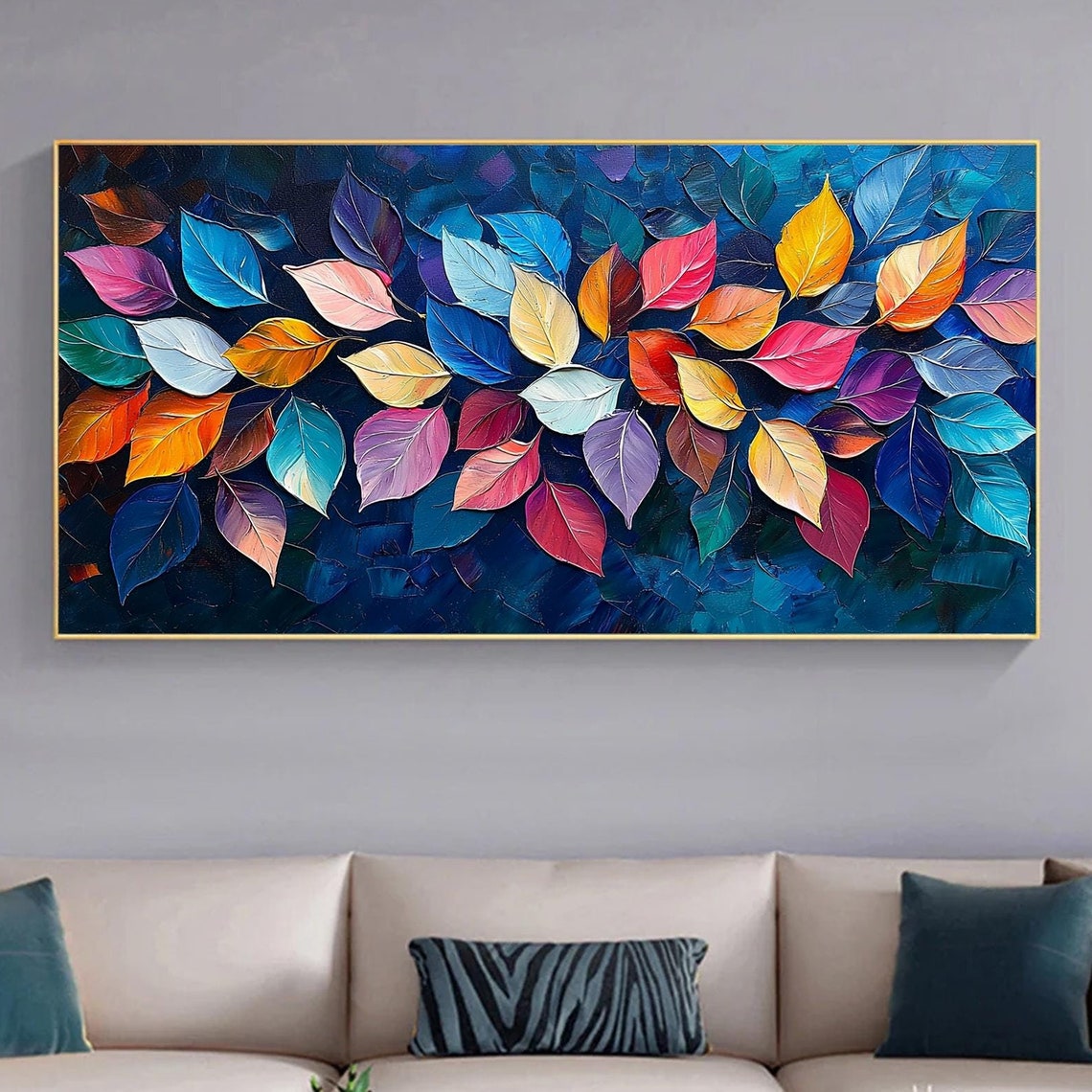 Rainbow Leaves Field Glowing on Navy Blue Abstract Botanical Wall Art