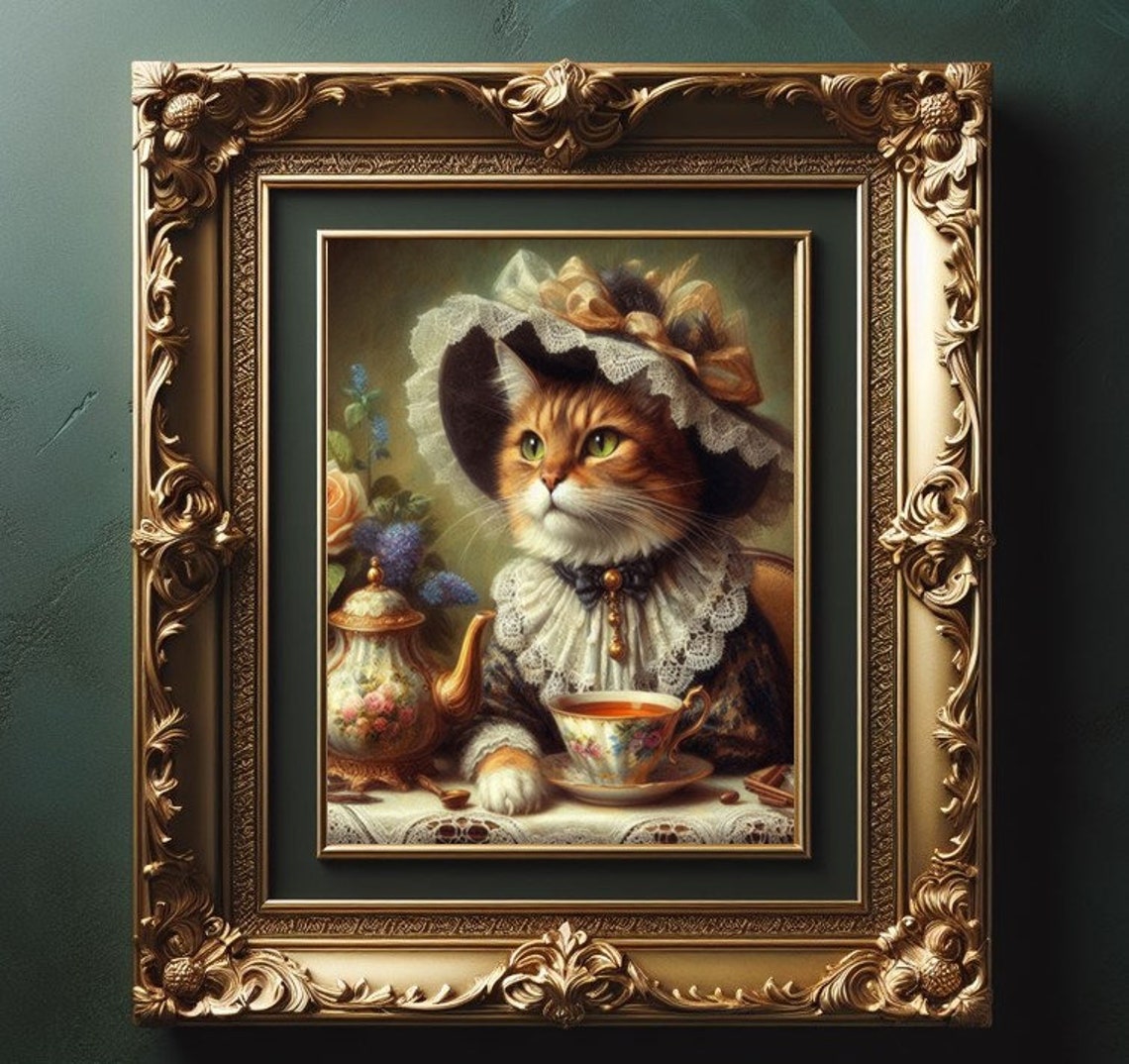 Victorian Tabby Girl Cat In A Bonnet Hat With Flowers Tea 18th Century Style Country Vintage Oil Painting Portrait Print Wall Art