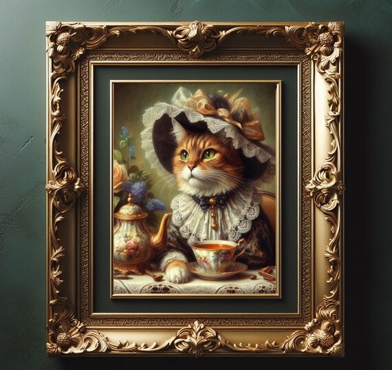 Victorian Tabby Cat In Bonnet Enjoying Tea Time Oil Portrait Print