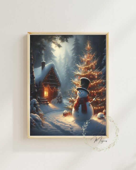 Snowman by a Cozy Cabin With Christmas Tree in Winter Forest Poster