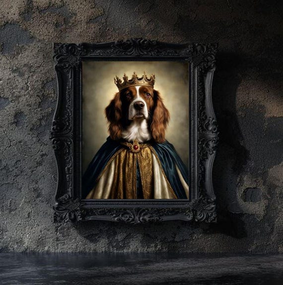 King Dog With Crown Fantasy Dark Academia Renaissance Portrait Animal Brown White Classy Royalty Victorian Art Picture Painting Print