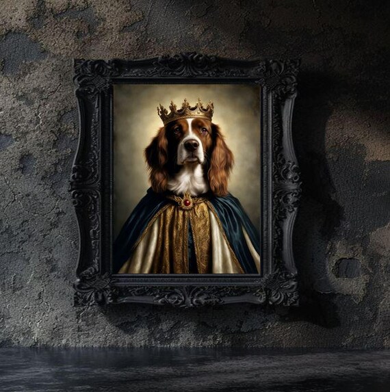 Regal King Dog Crown Portrait Brown Spaniel Dark Academia Poster