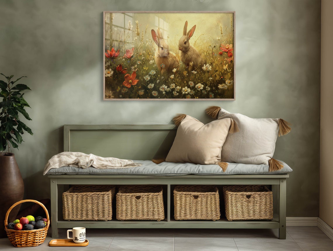Two Bunnies Spring Wildflower Meadow Vintage Oil Easter Bunny Poster - Image 2