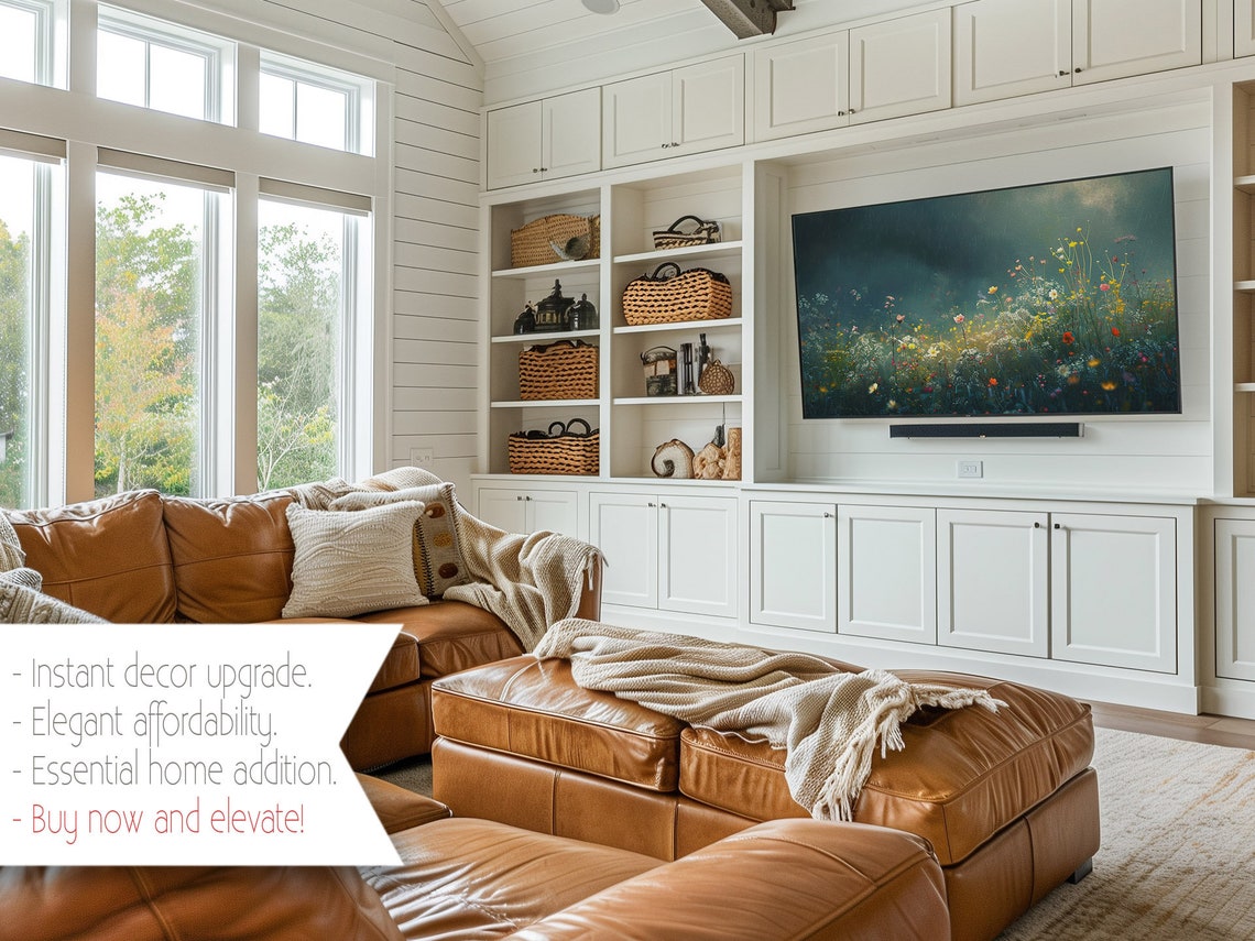 Rainy Wildflower Meadow Glowing Blooms Dark Teal Sky Frame TV Poster - Image 3