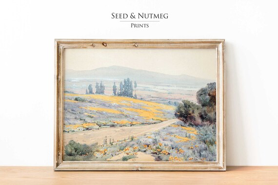 California Poppy Field Wildflowers Vintage Landscape Painting Poster
