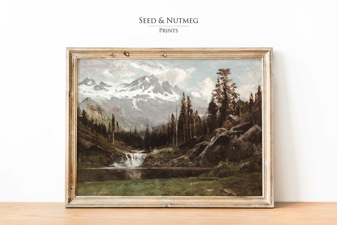 Snowy Mountain Peak Waterfall Pine Forest Vintage Landscape Poster