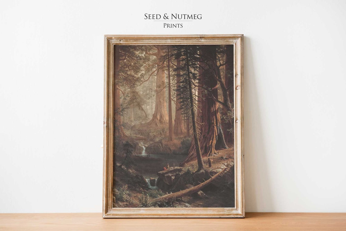 Giant Redwood Forest Tiny Figures Stream Vintage Landscape Poster