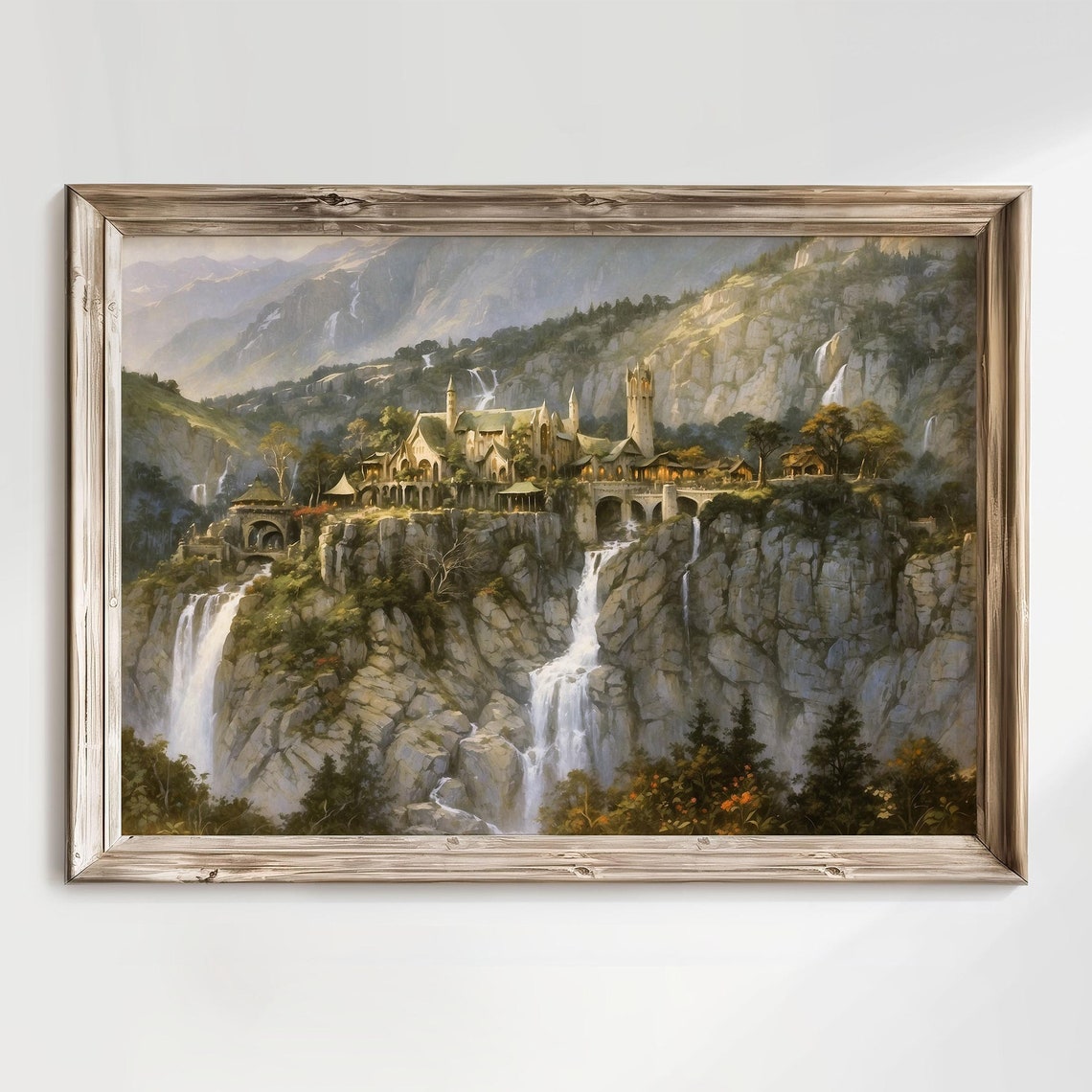 Rivendell Cliffside Elven City Twin Waterfalls Fantasy Valley Poster