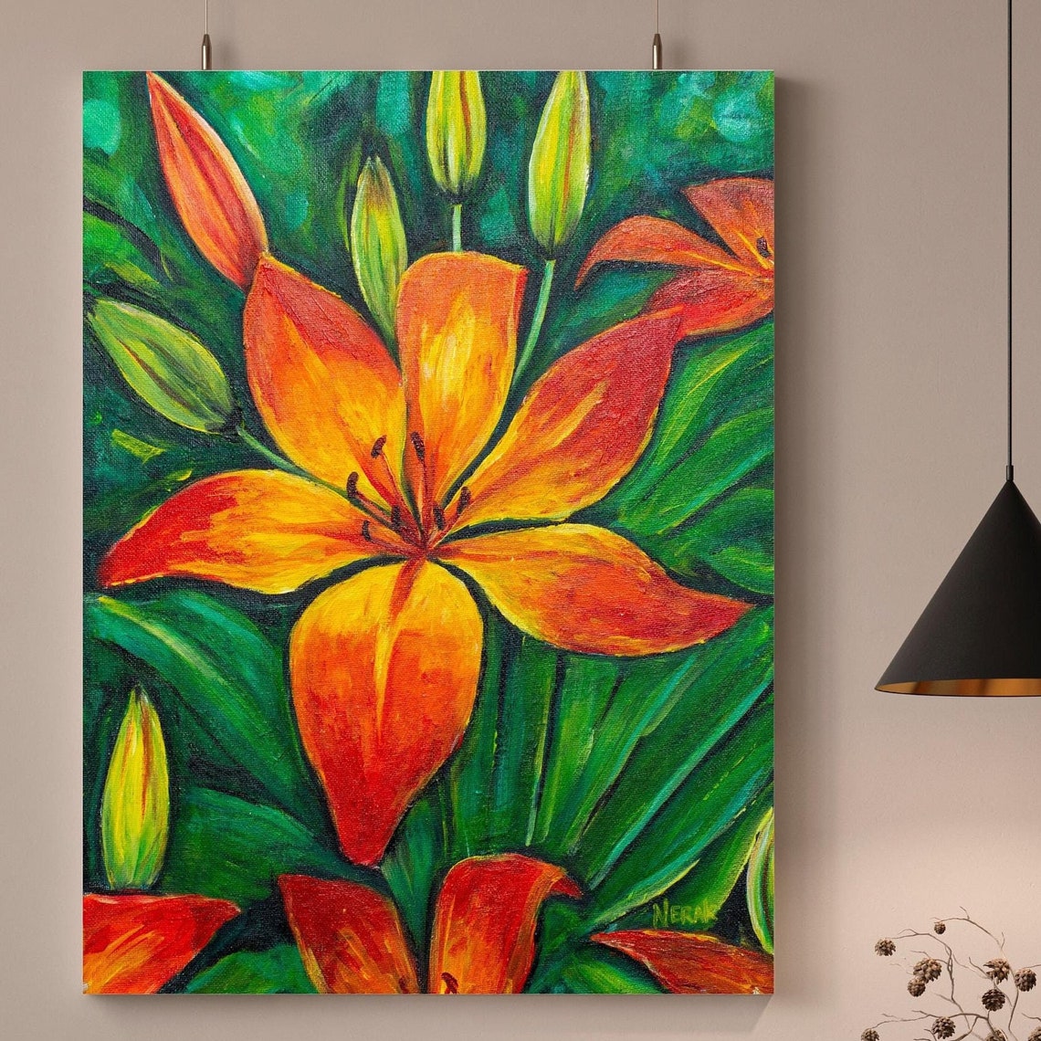 Orange Lilies Vibrant Botanical Painting Green Leaves Floral Poster - Image 4
