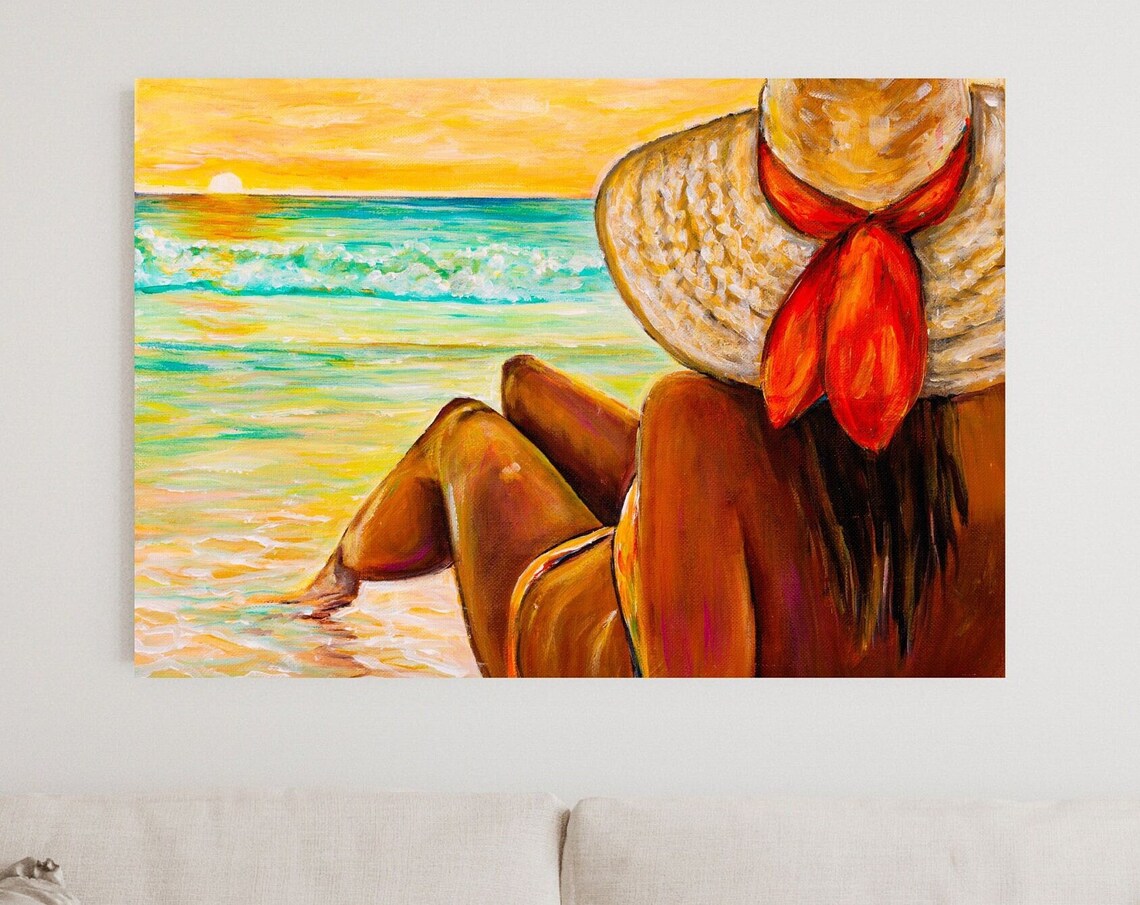 Woman Watching Sunset Beach Golden Hour Straw Hat Ocean Poster - Image 4