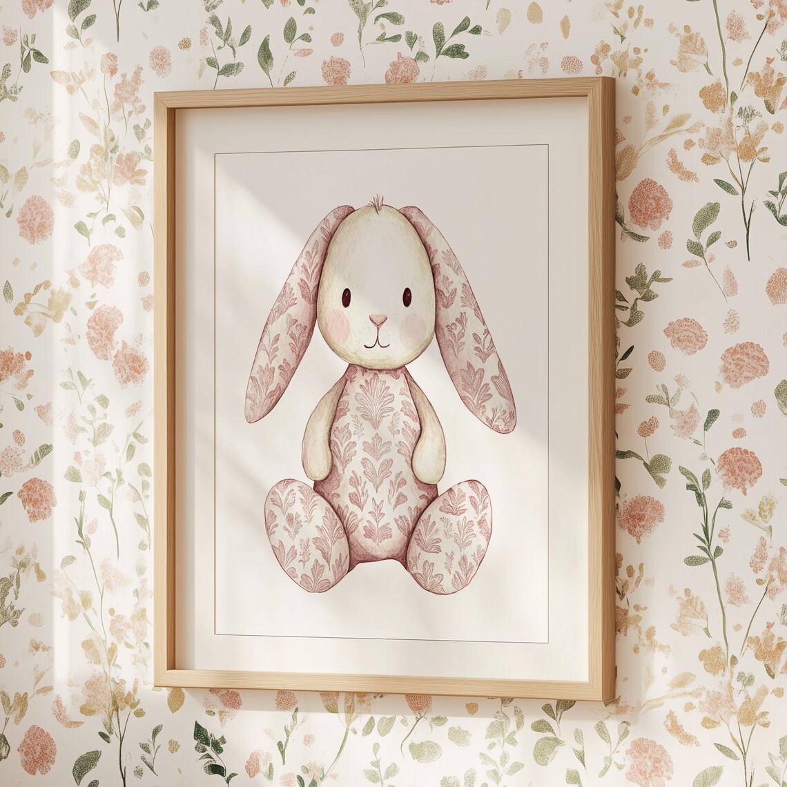 Pink Floral Bunny Watercolor Nursery Baby Girl Room Decor Wall Art