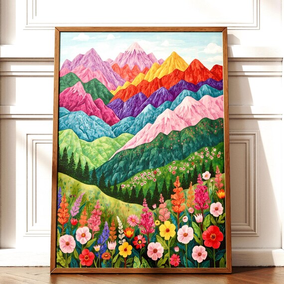 Abstract Mountain Artwork Colorful Patchwork Wall Art Floral Landscape Print Scenery Illustration For Living Room Dcor