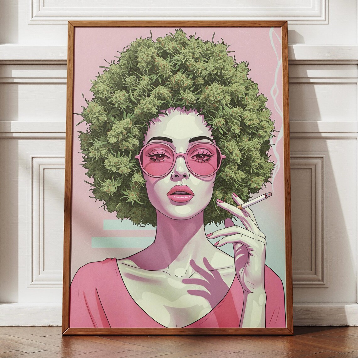 Retro Cannabis Pop Art Woman Pink Sunglasses Smoking Wall Poster