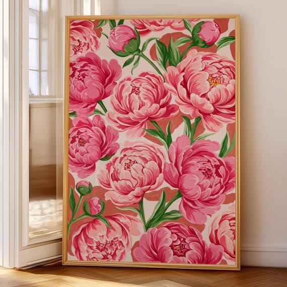 Pink Peonies Print, Modern Summer Floral Poster