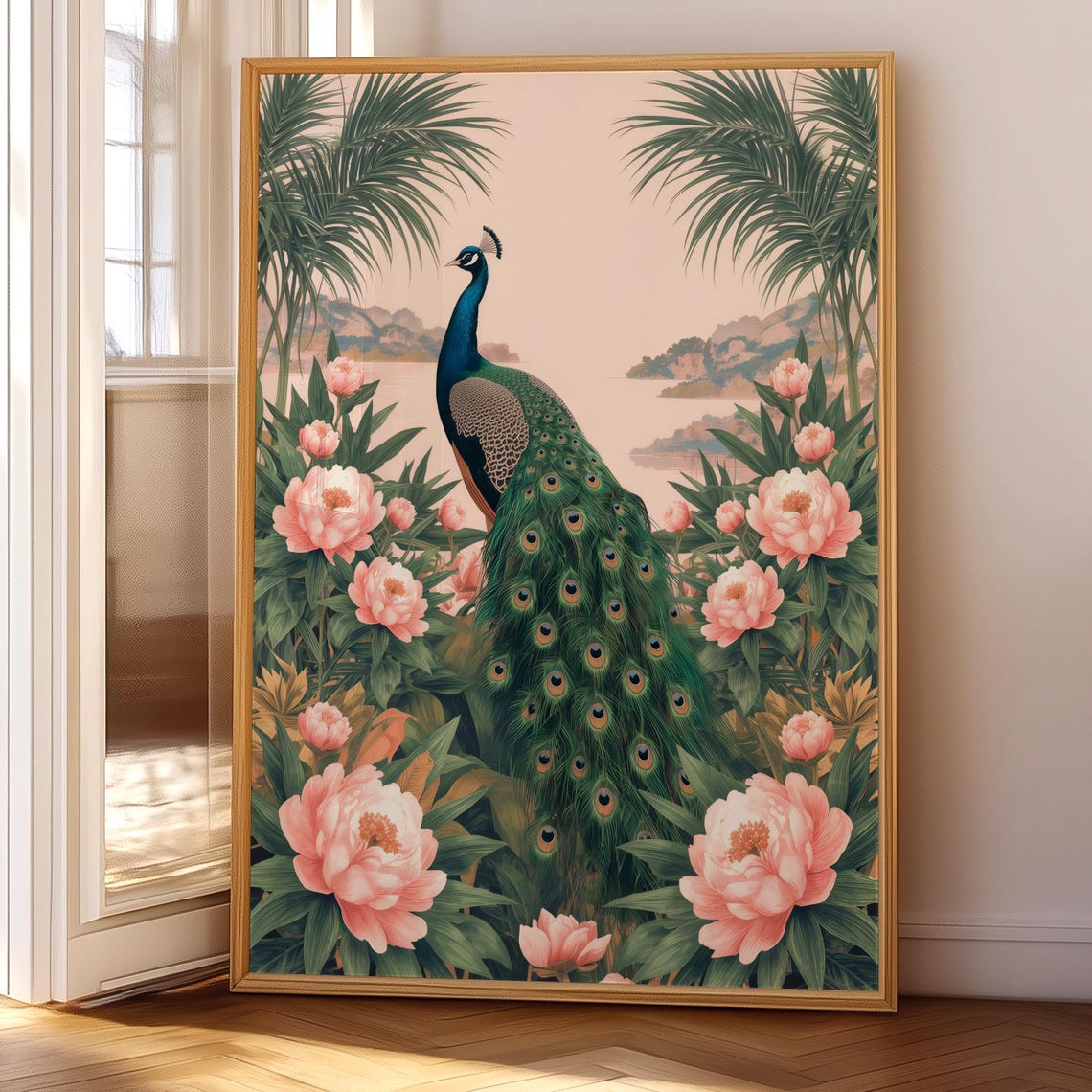 Vintage Peacock and Pink Peony Tropical Floral Botanical Art Print