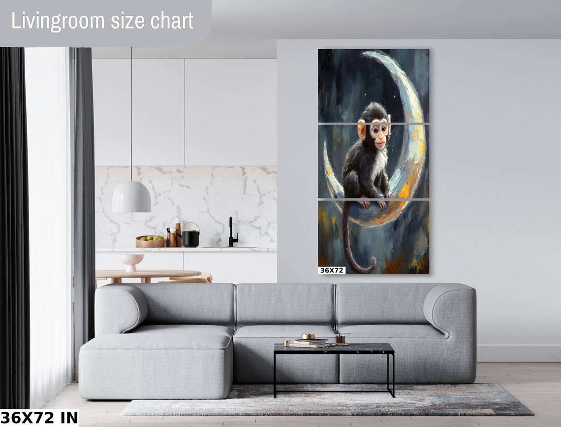 Baby Monkey On Crescent Moon Night Sky Sweet Nursery Wall Art Poster - Image 2