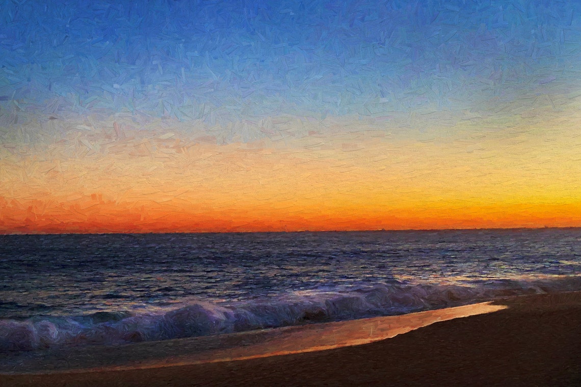 Fiery Ocean Sunset Waves on the Shore Vibrant Sky Travel Poster