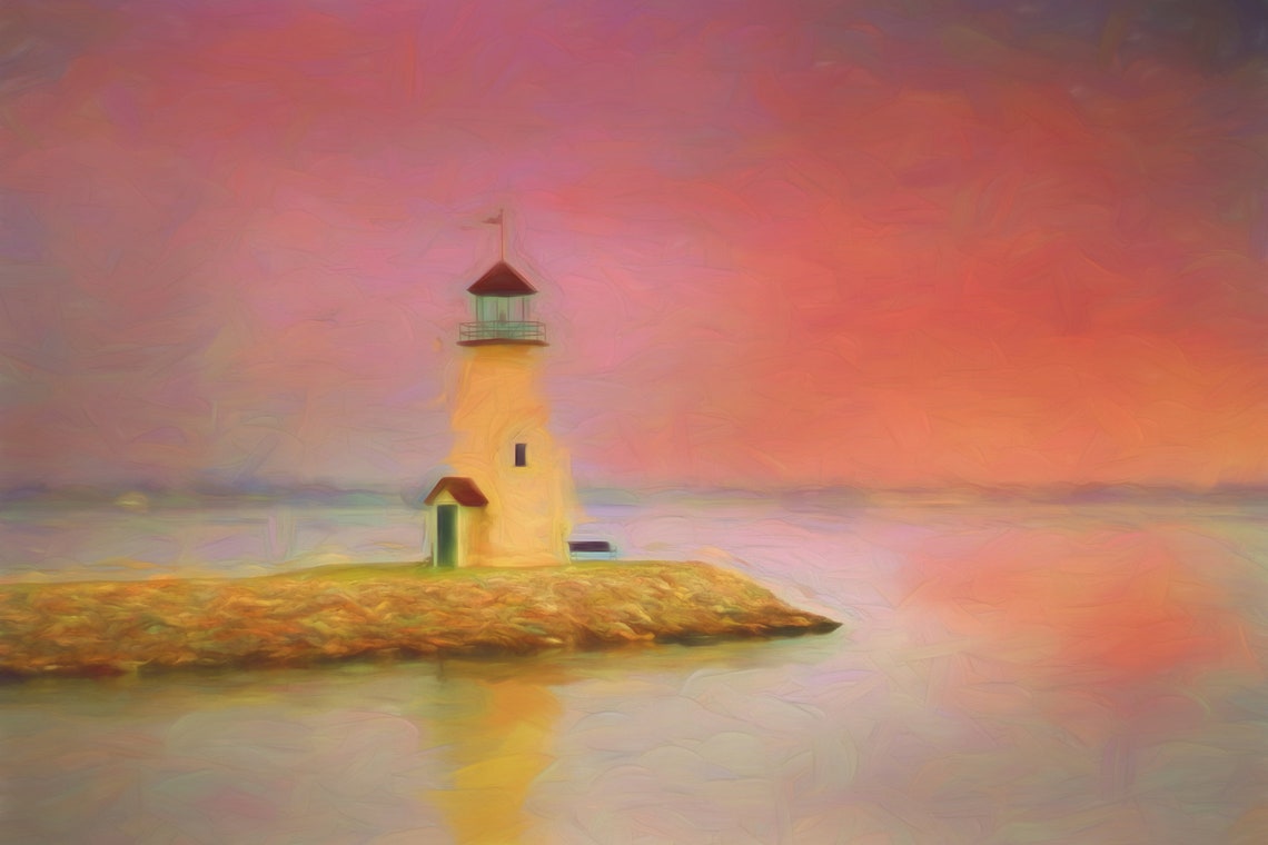 Lake Hefner Lighthouse at Pink Sunset Oklahoma Painterly Poster