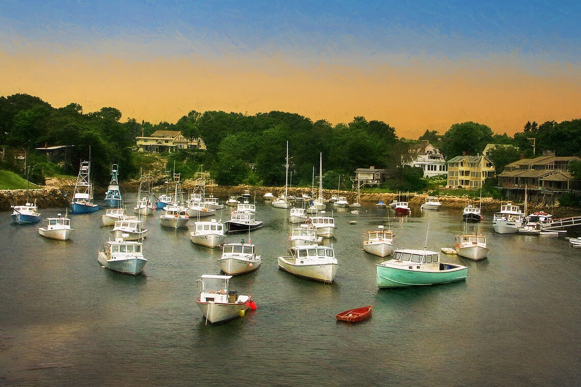 New England Fishing Harbor Sunset Sailboats at Anchor Gold Poster