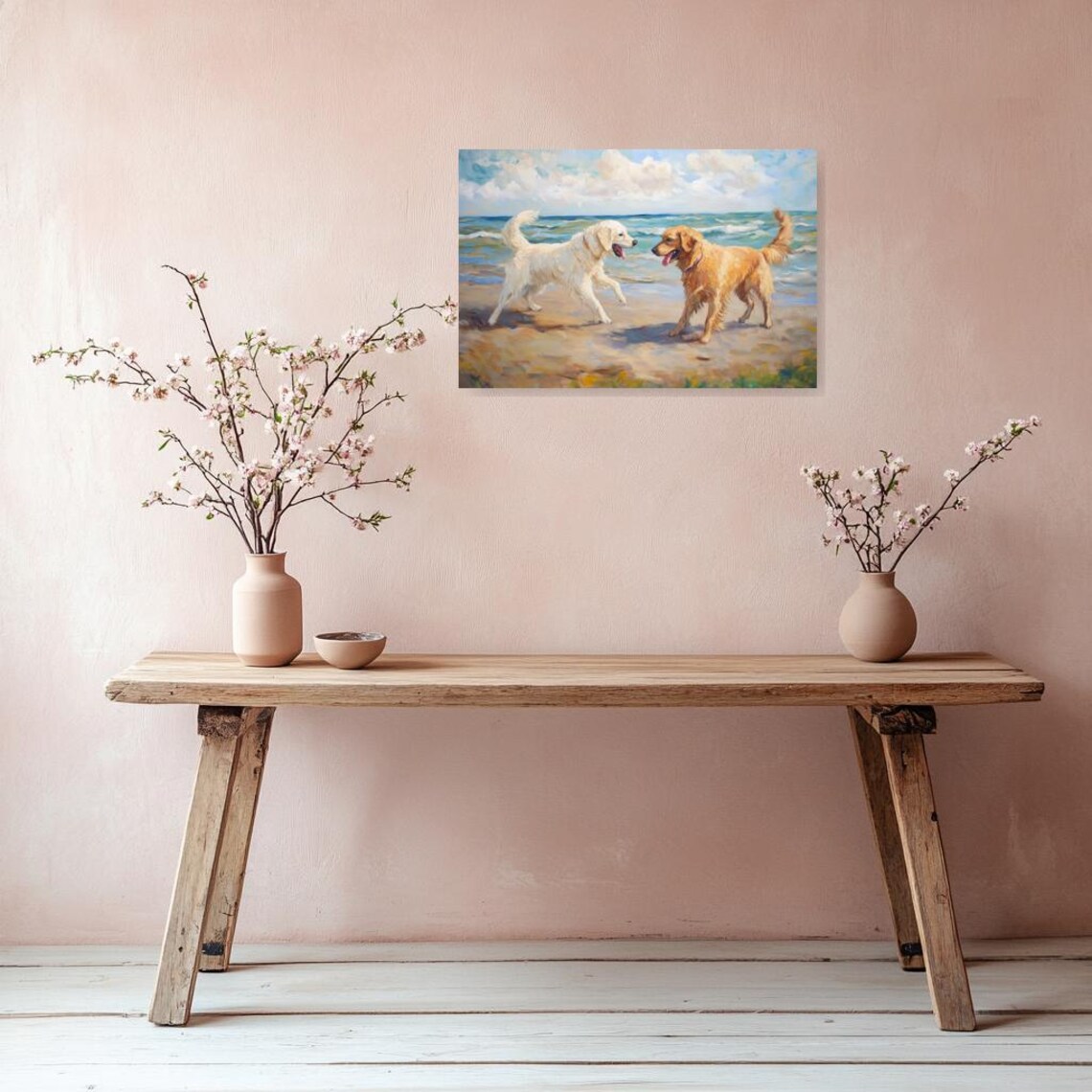 Two Playful Golden Retrievers on the Beach Impressionist Dog Poster - Image 3