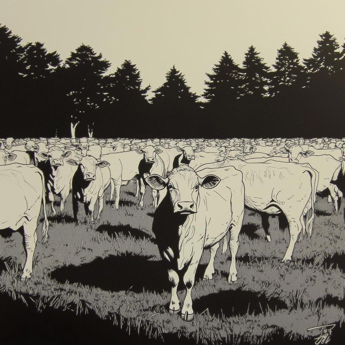 Black and White Cattle Herd in Bold Monochrome Line Art Poster