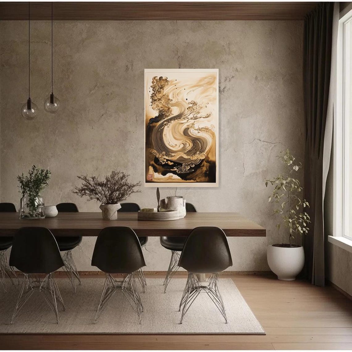 Sepia Ink Wind and Waves in a Classic Japanese Style Art Poster - Image 3