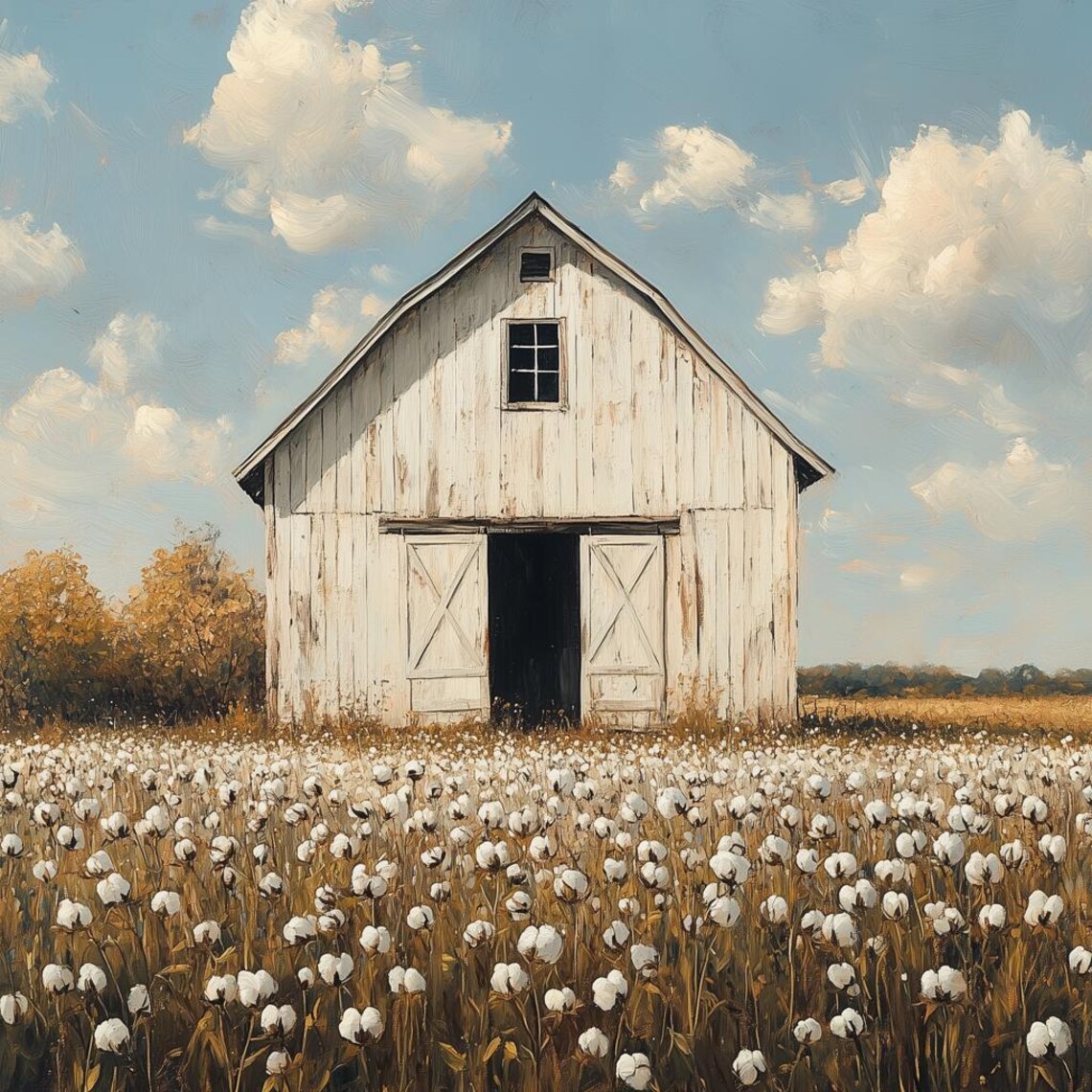 Rustic Cotton Field Art Print, Impressionist Barn Landscape