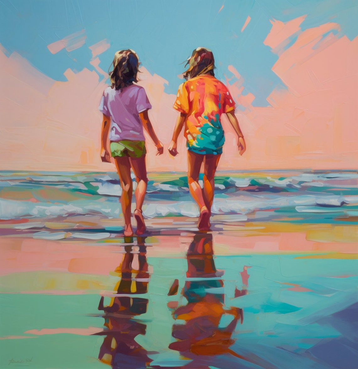 Two Girls Walking on the Beach at Sunset Fauvist Painting Poster