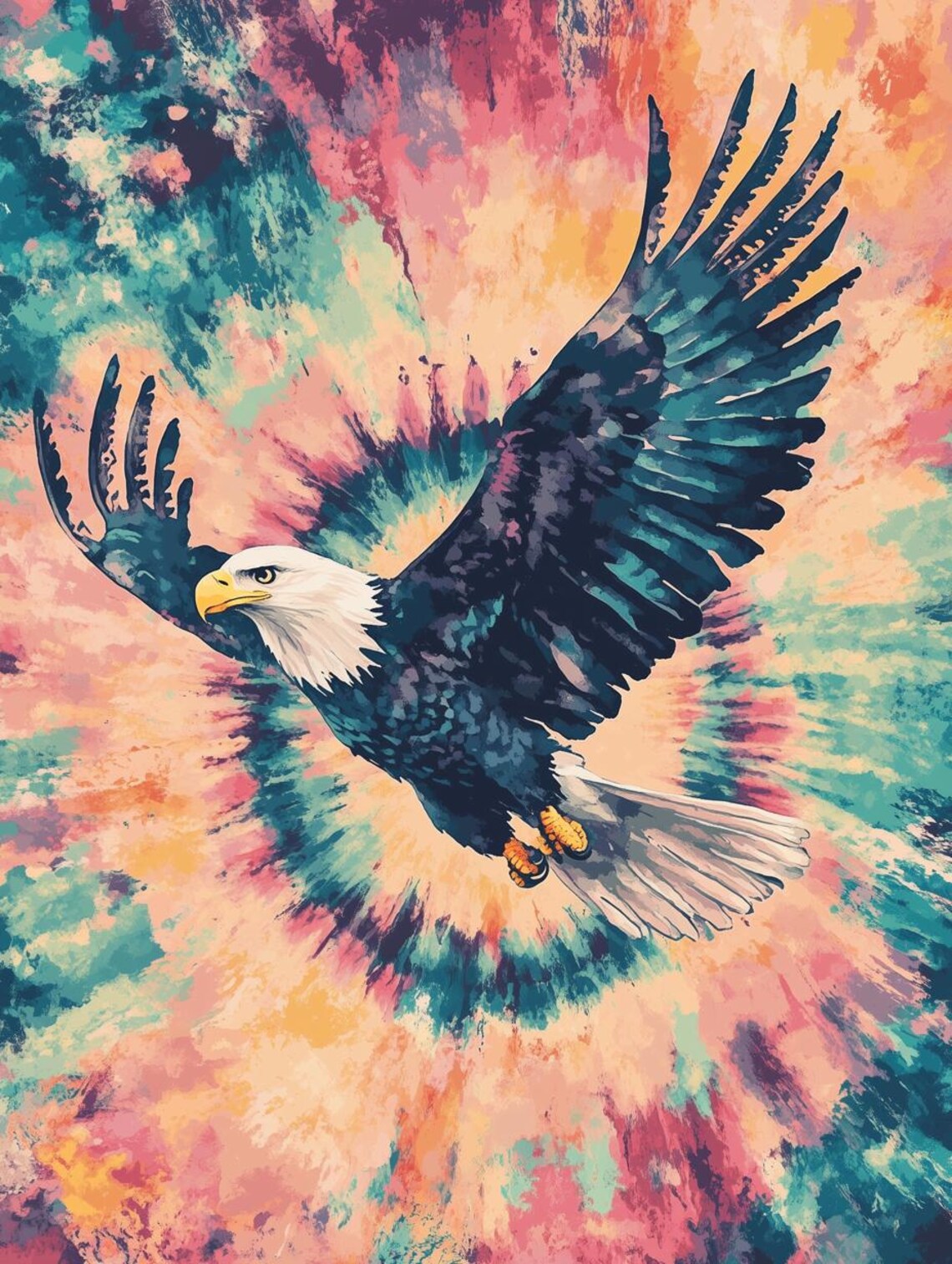Bold Eagle Soaring, Vibrant Tie Dye Background