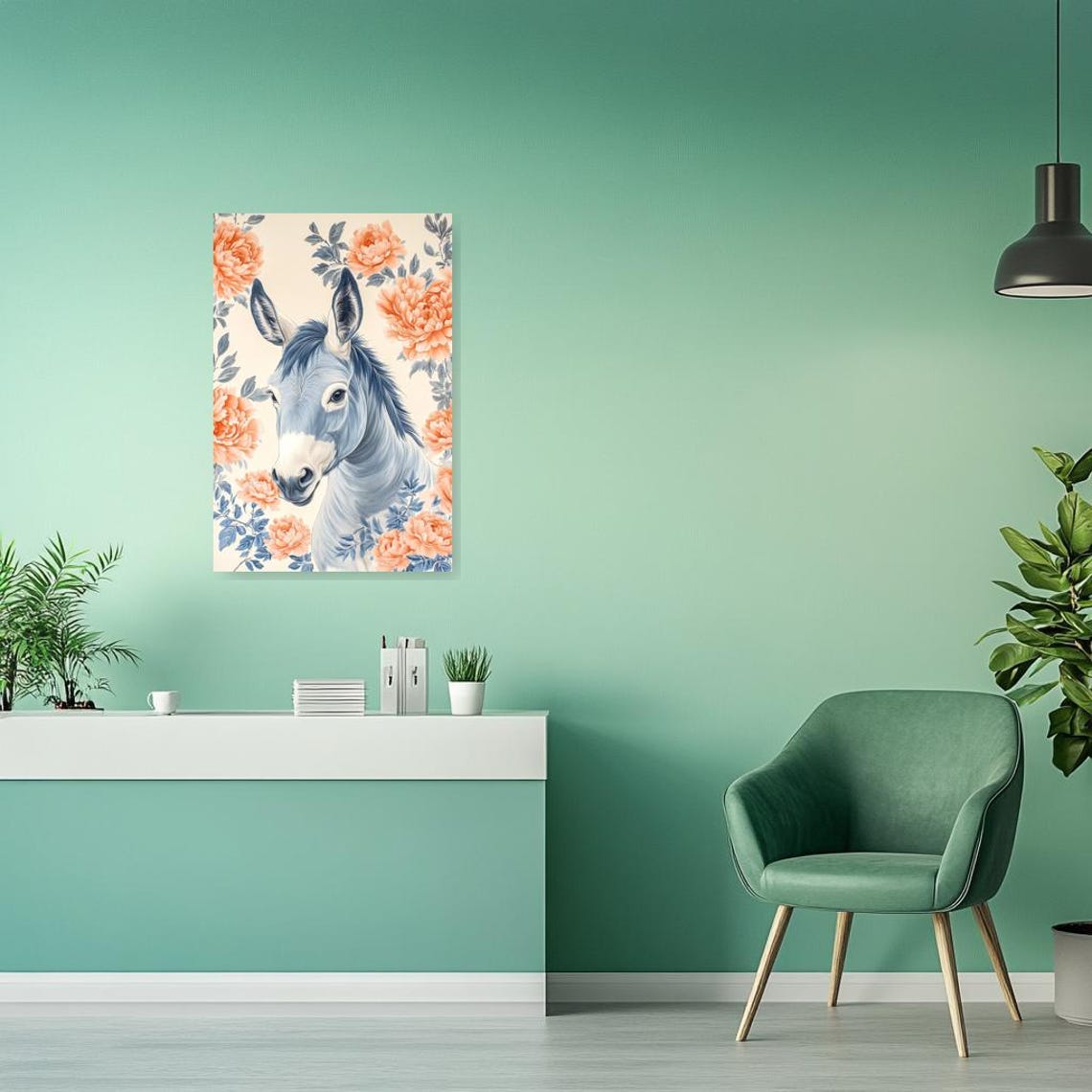 Blue Equine Portrait Surrounded by Lush Peach Peonies Poster - Image 2
