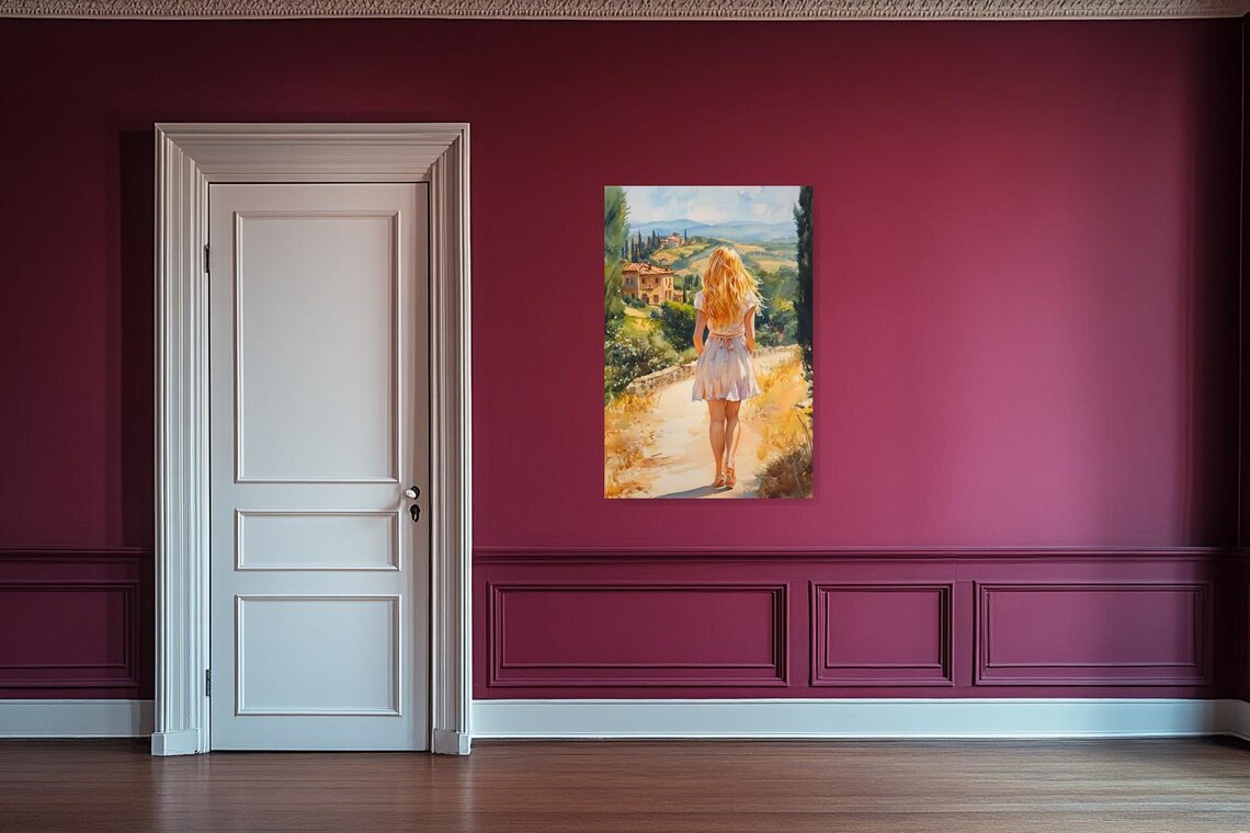 Woman Walking Toward a Tuscan Hill Town Watercolor Scene Poster - Image 4